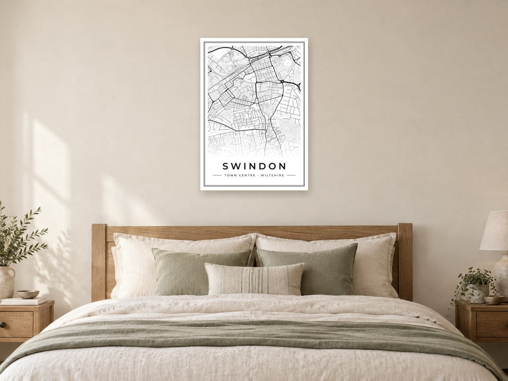 Swindon Town Centre Street Map Poster at A1, as a poster, above a bed