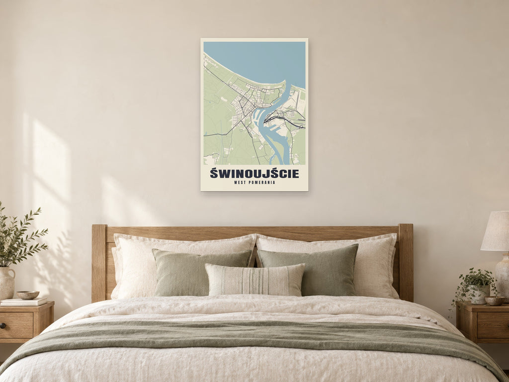Świnoujście Street Map Poster at A1, as a poster, above a bed