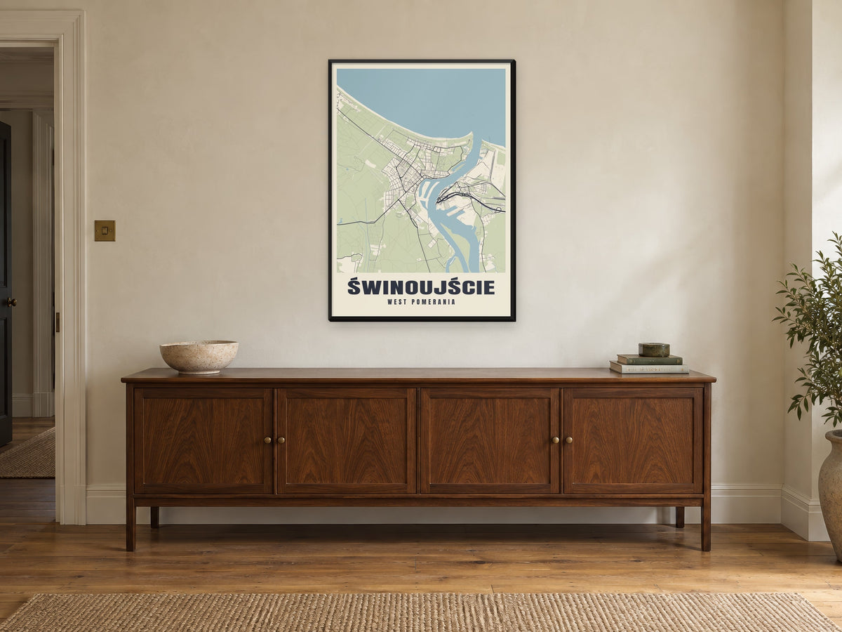 Świnoujście Street Map Poster at A1, in a black frame, above a sideboard