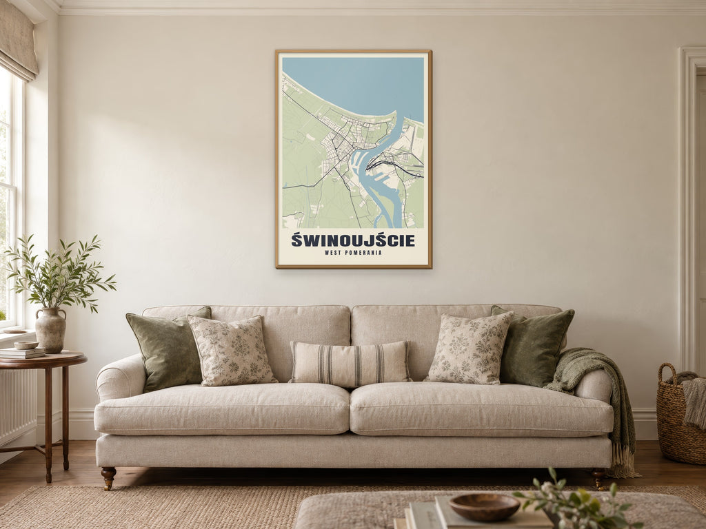 Świnoujście Street Map Poster at A1, in a natural wood frame, in a sitting room