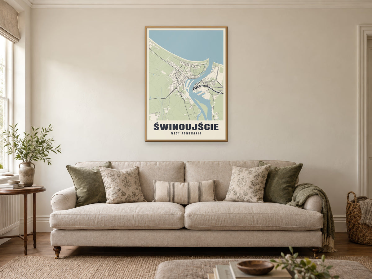 Świnoujście Street Map Poster at A1, in a natural wood frame, in a sitting room
