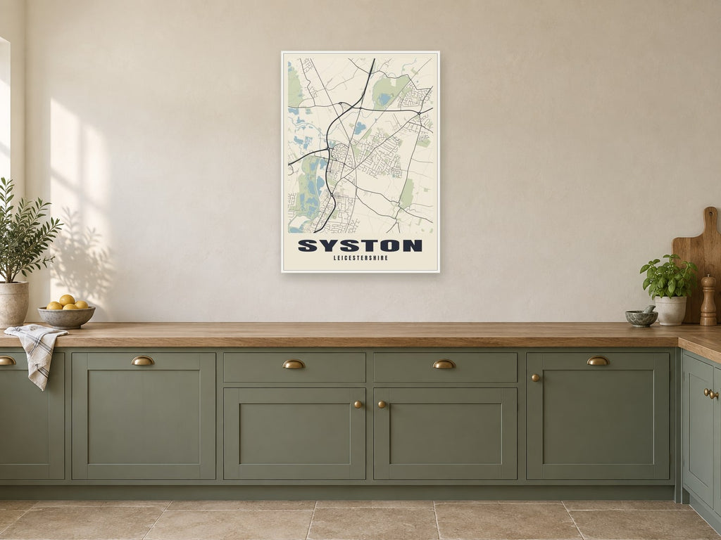 Syston Street Map Poster at A1, in a white frame, in a kitchen