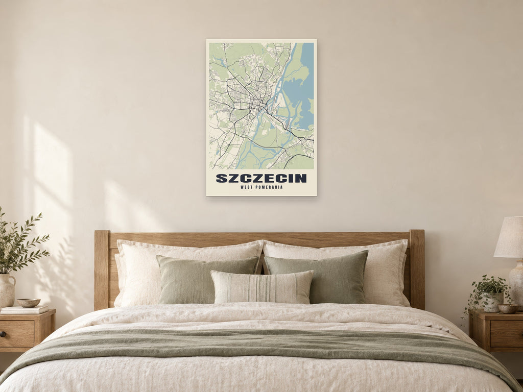 Szczecin Street Map Poster at A1, as a poster, above a bed