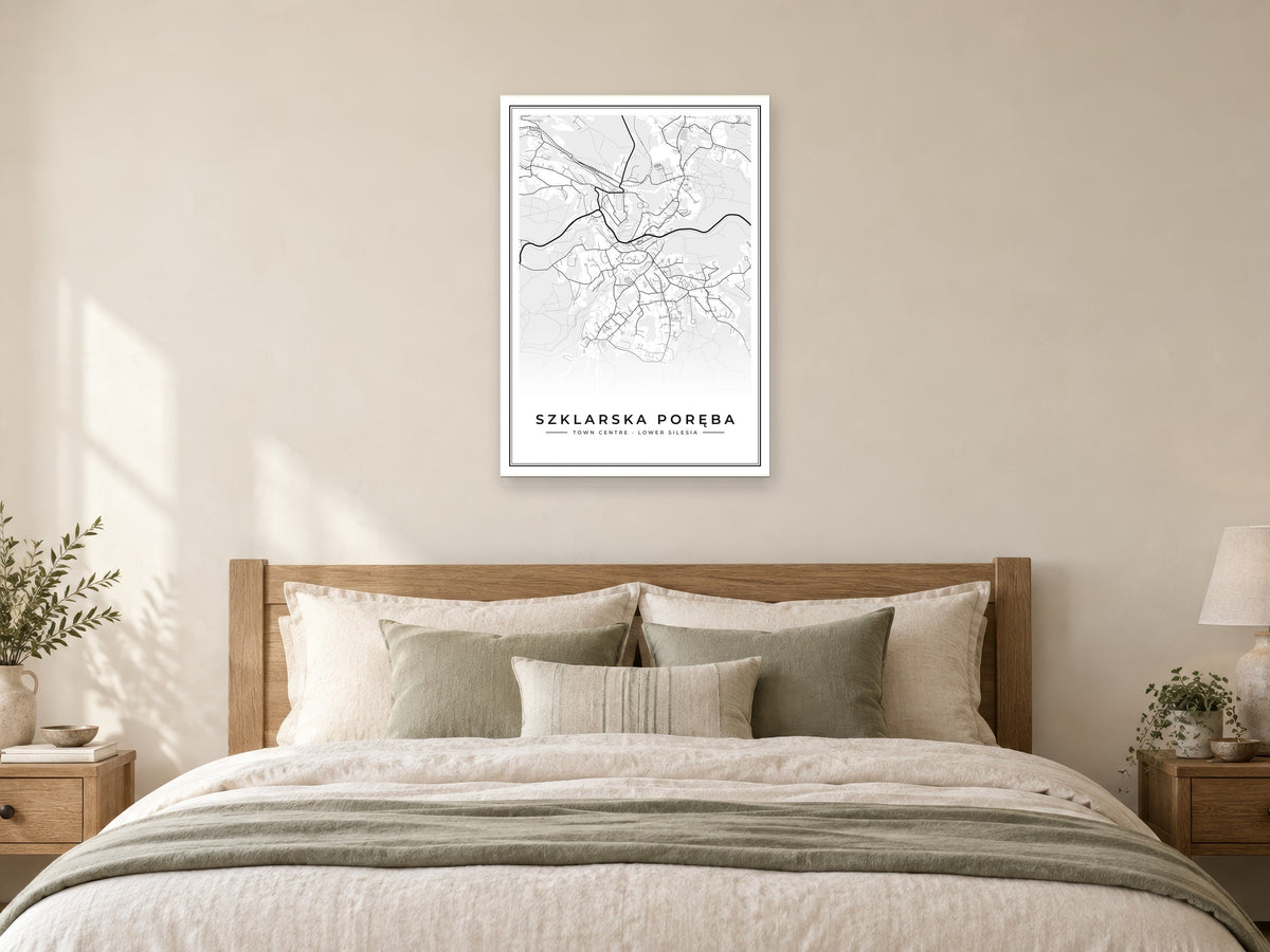 Szklarska Poręba Town Centre Street Map Poster at A1, as a poster, above a bed