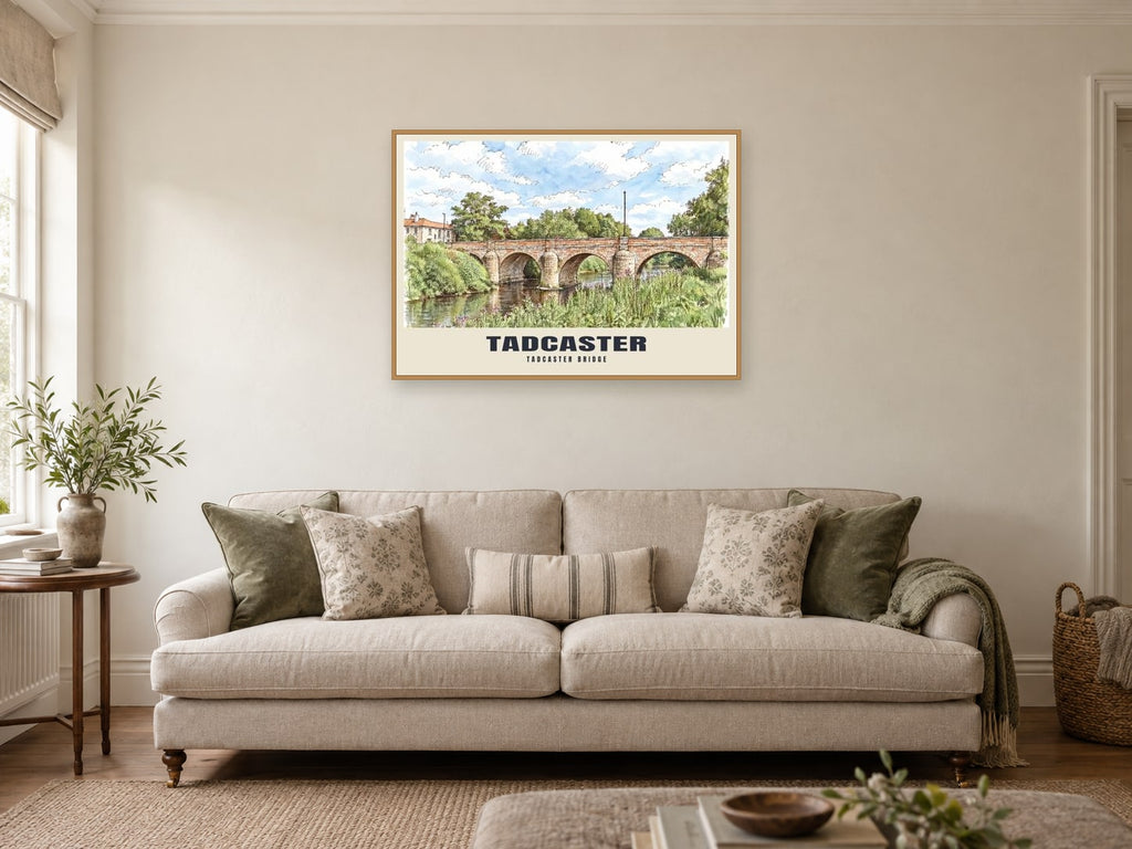 Tadcaster Bridge Poster at A1, in a natural wood frame, in a sitting room