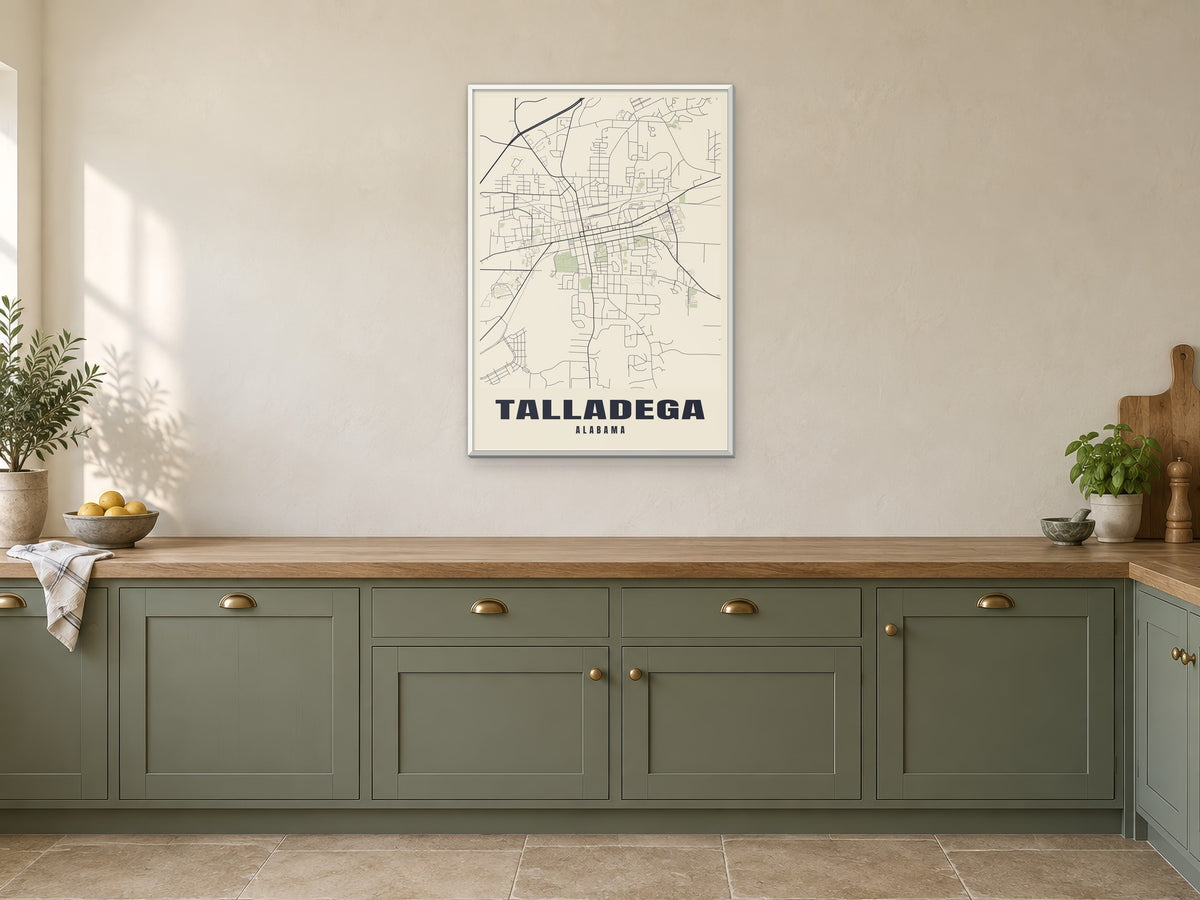 Talladega Street Map Poster at A1, in a white frame, in a kitchen