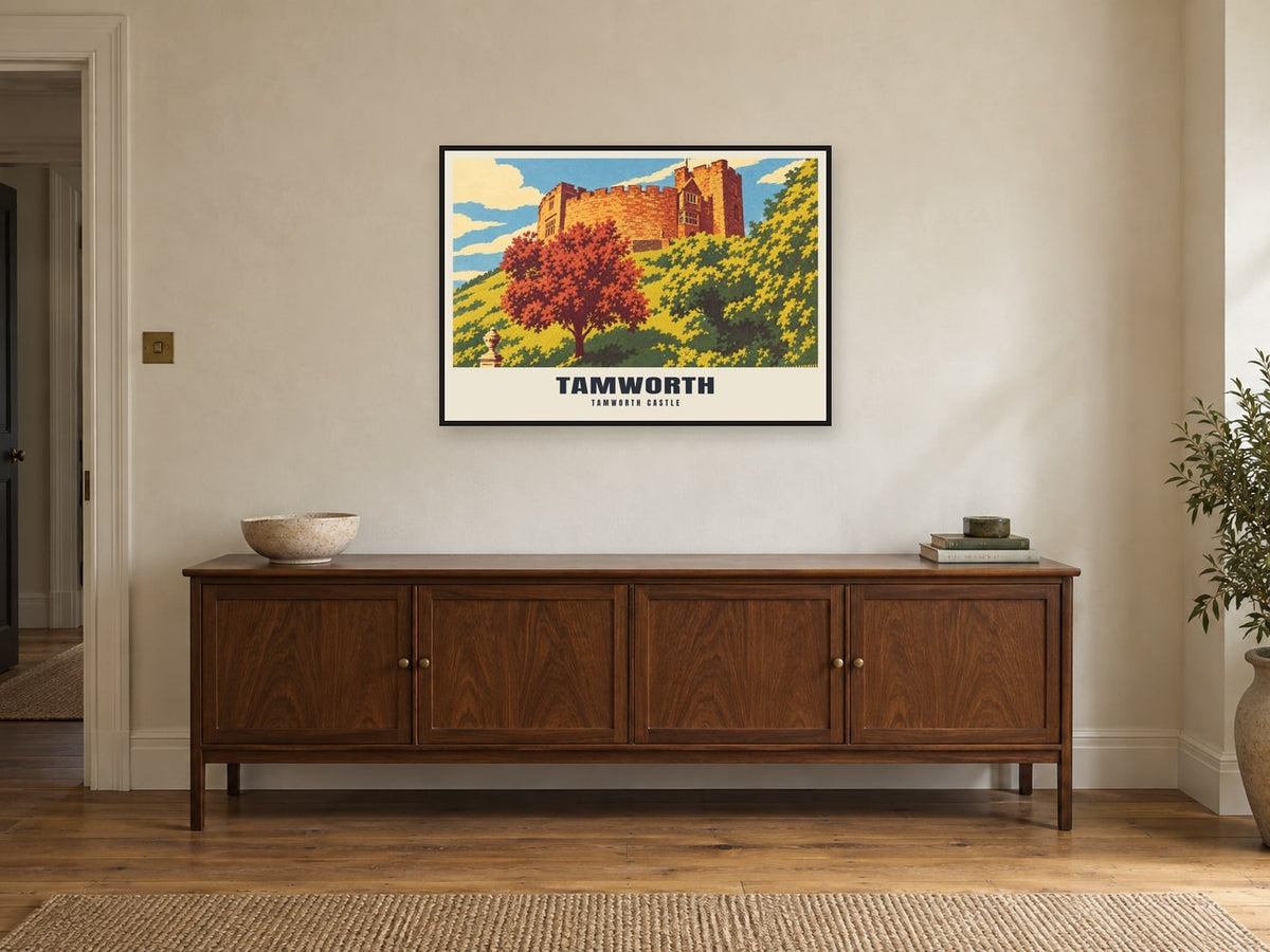 Tamworth Castle Poster at A1, in a black frame, above a sideboard