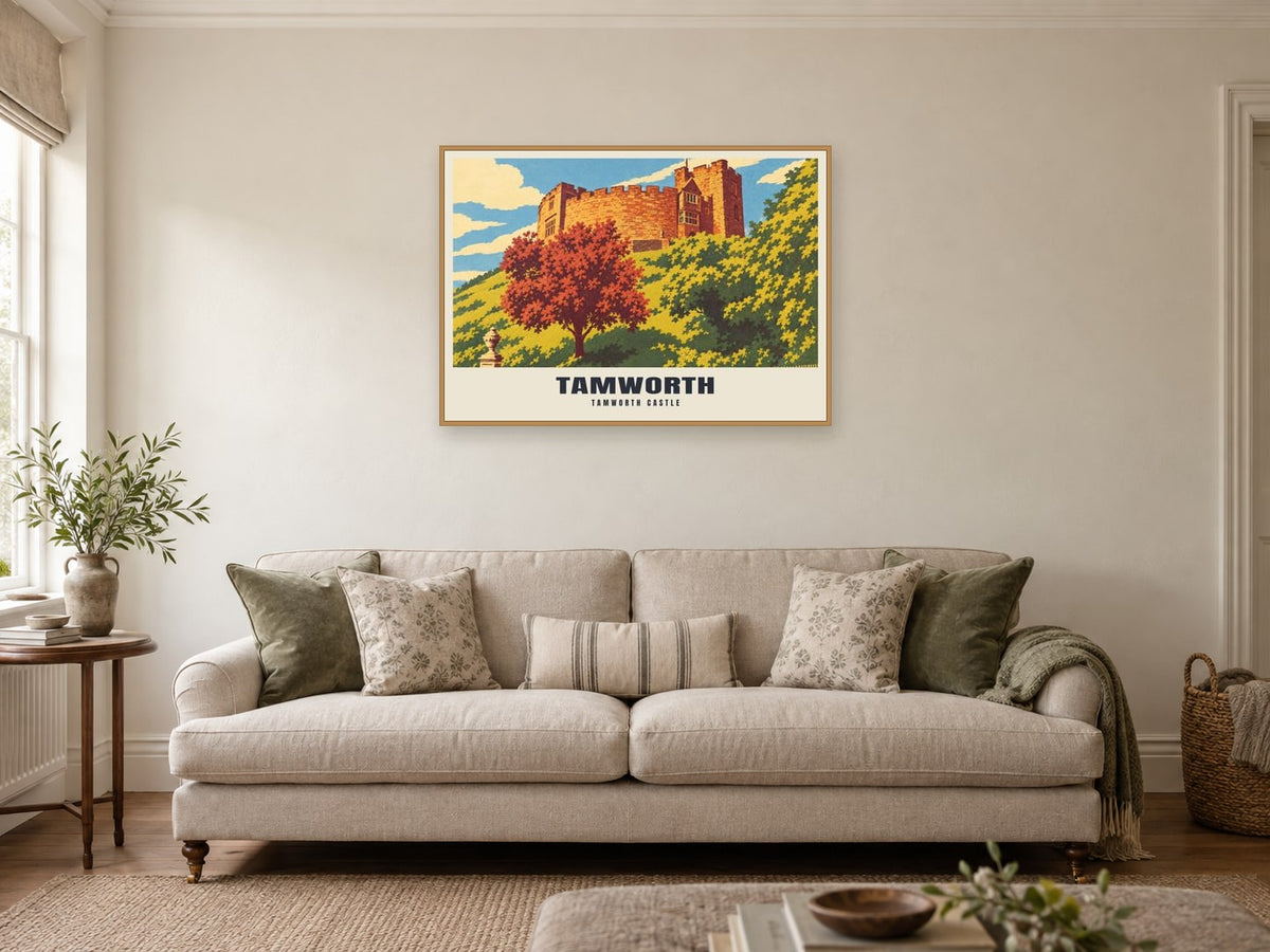 Tamworth Castle Poster at A1, in a natural wood frame, in a sitting room