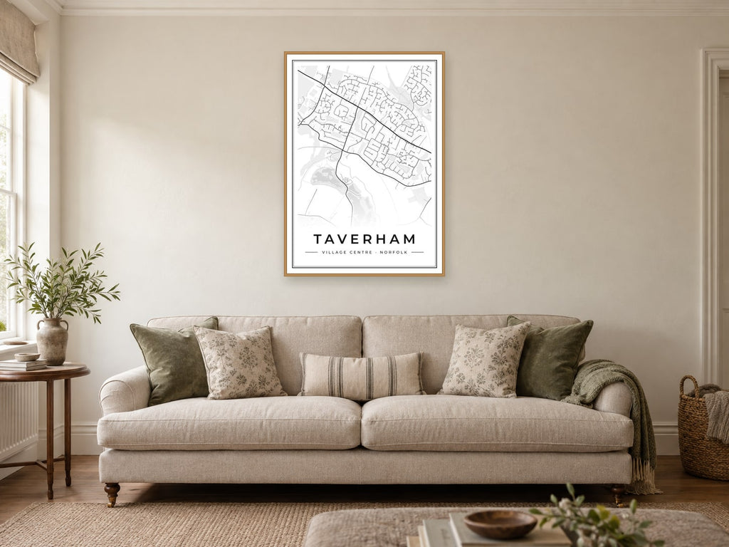 Taverham Village Centre Street Map Poster at A1, in a natural wood frame, in a sitting room