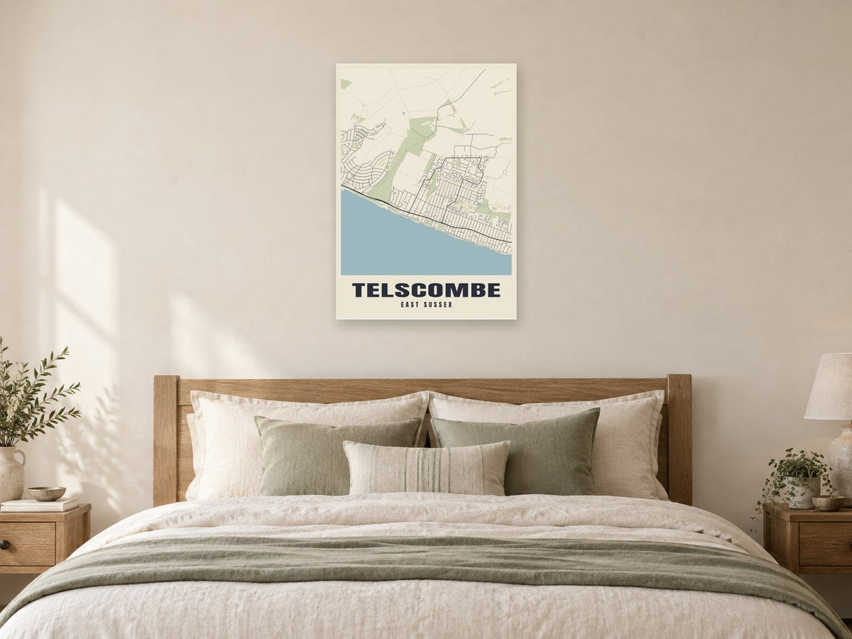 Telscombe Street Map Poster at A1, as a poster, above a bed