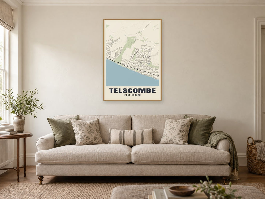 Telscombe Street Map Poster at A1, in a natural wood frame, in a sitting room
