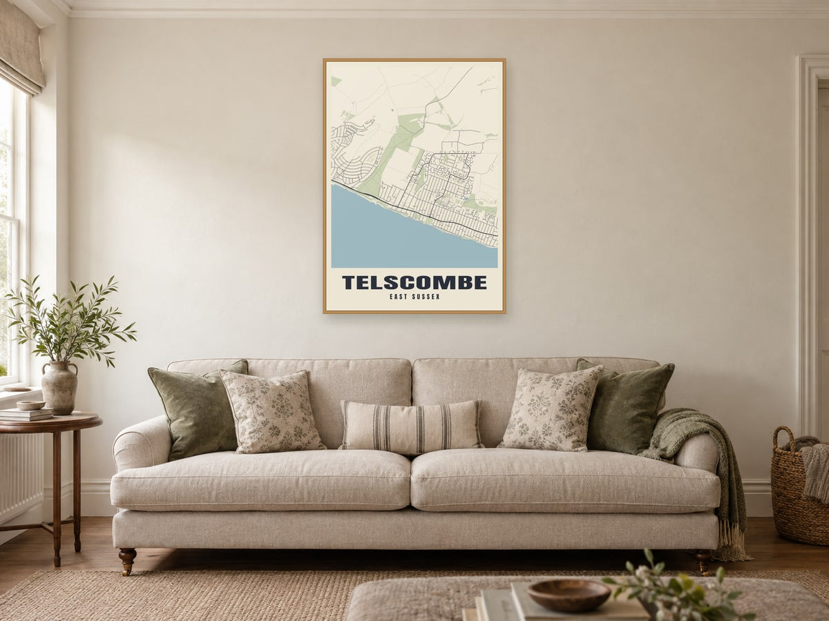 Telscombe Street Map Poster at A1, in a natural wood frame, in a sitting room