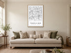 Temple Bar Street Map Poster at A1, in a natural wood frame, in a sitting room