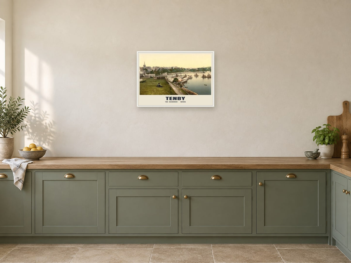 The Harbour, Tenby Poster at A2, in a white frame, in a kitchen