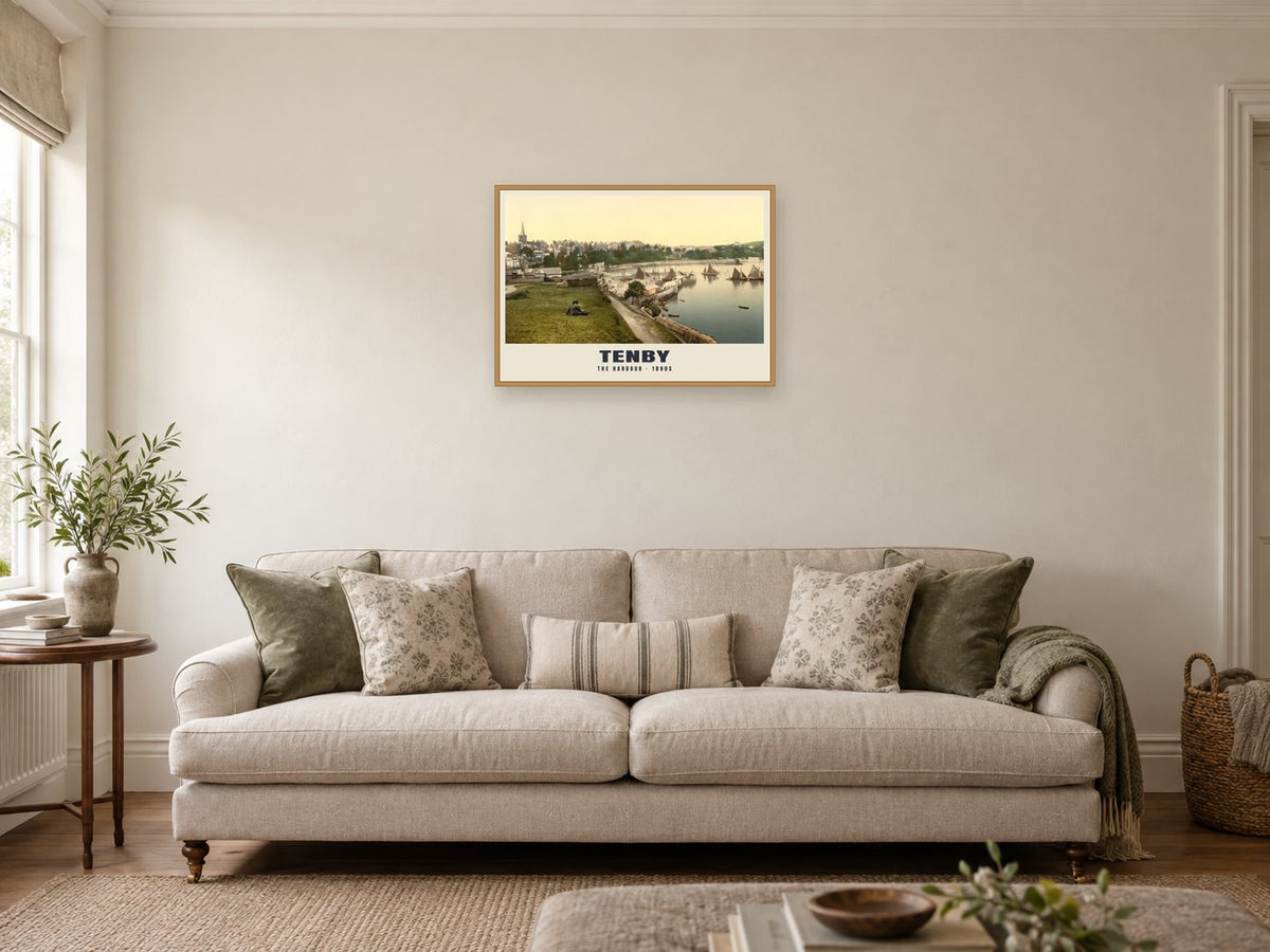 The Harbour, Tenby Poster at A2, in a natural wood frame, in a sitting room