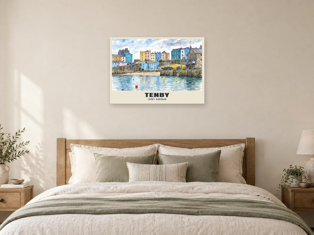 Tenby Harbour Poster at A1, as a poster, above a bed