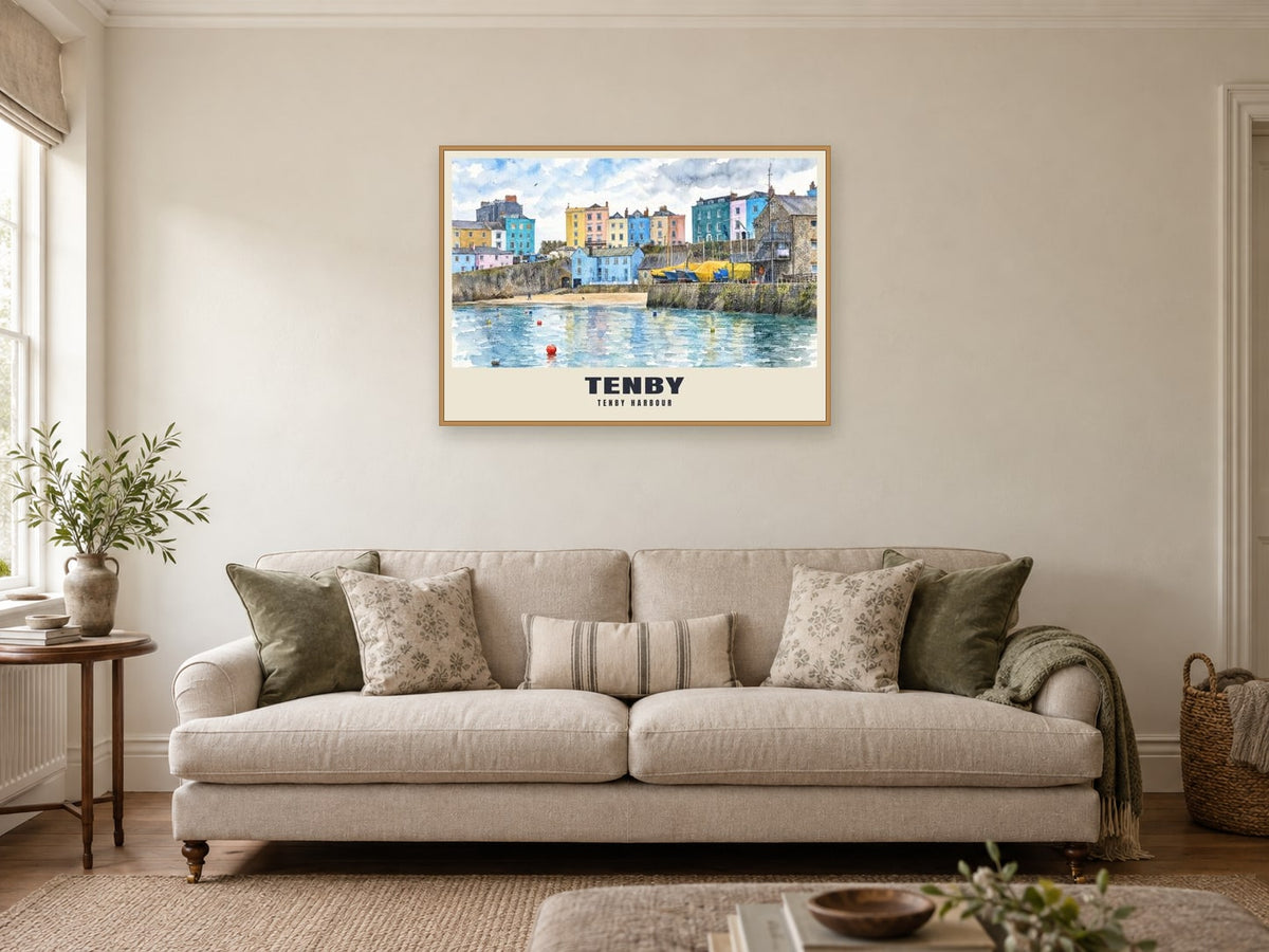 Tenby Harbour Poster at A1, in a natural wood frame, in a sitting room