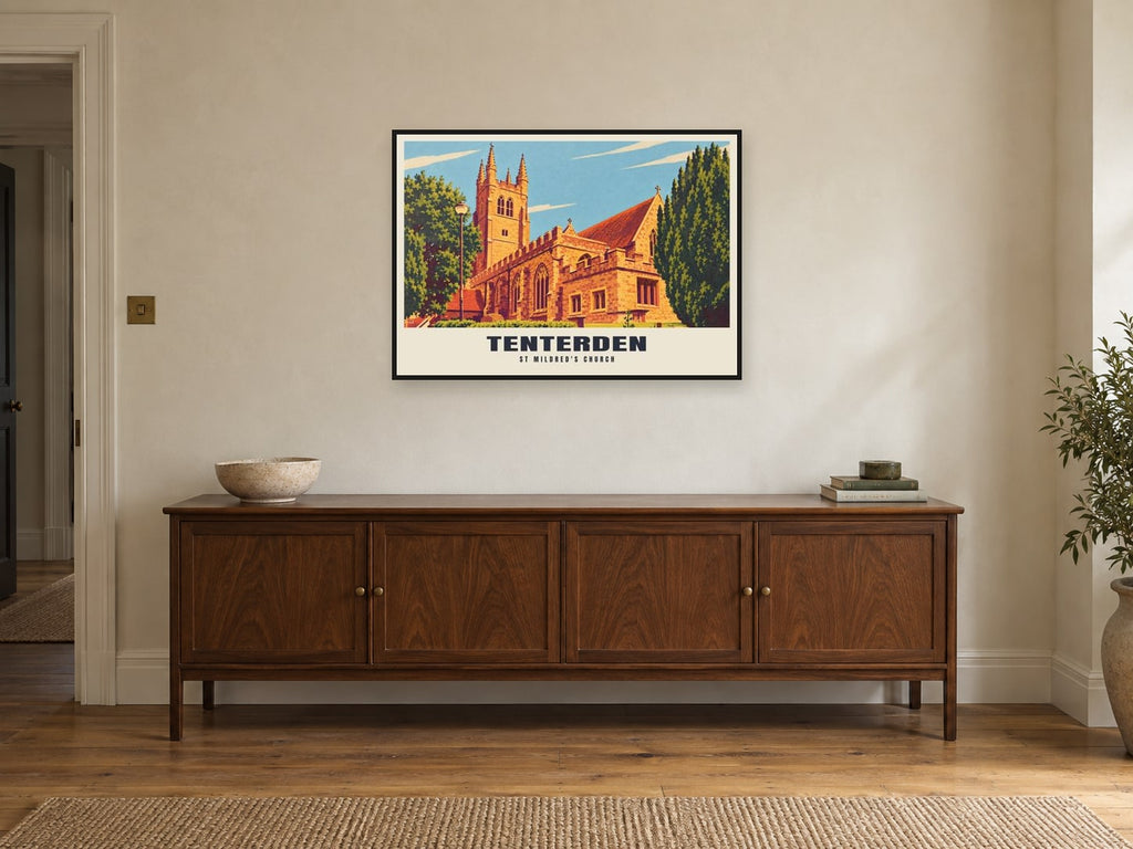 St Mildred's Church, Tenterden Poster at A1, in a black frame, above a sideboard