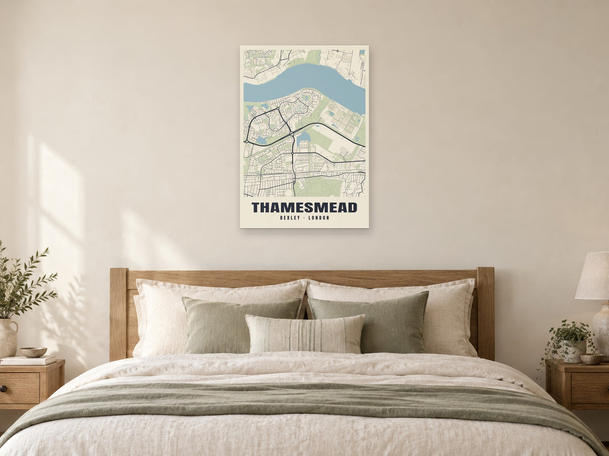 Thamesmead Heritage Street Map Poster at A1, as a poster, above a bed