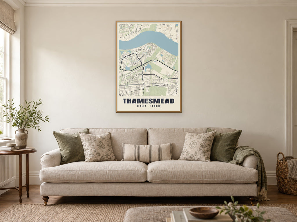Thamesmead Heritage Street Map Poster at A1, in a natural wood frame, in a sitting room