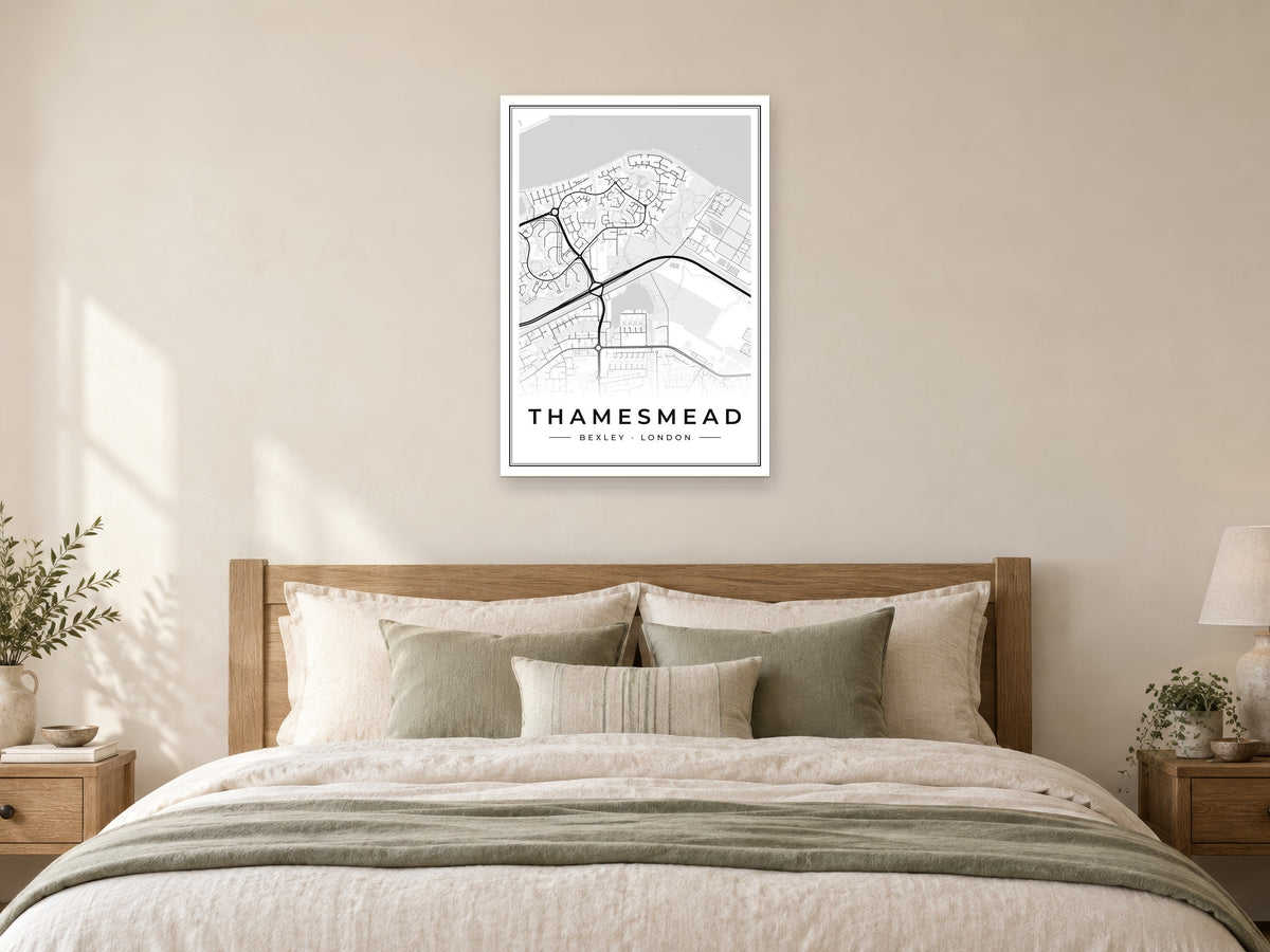 Thamesmead Street Map Poster at A1, as a poster, above a bed
