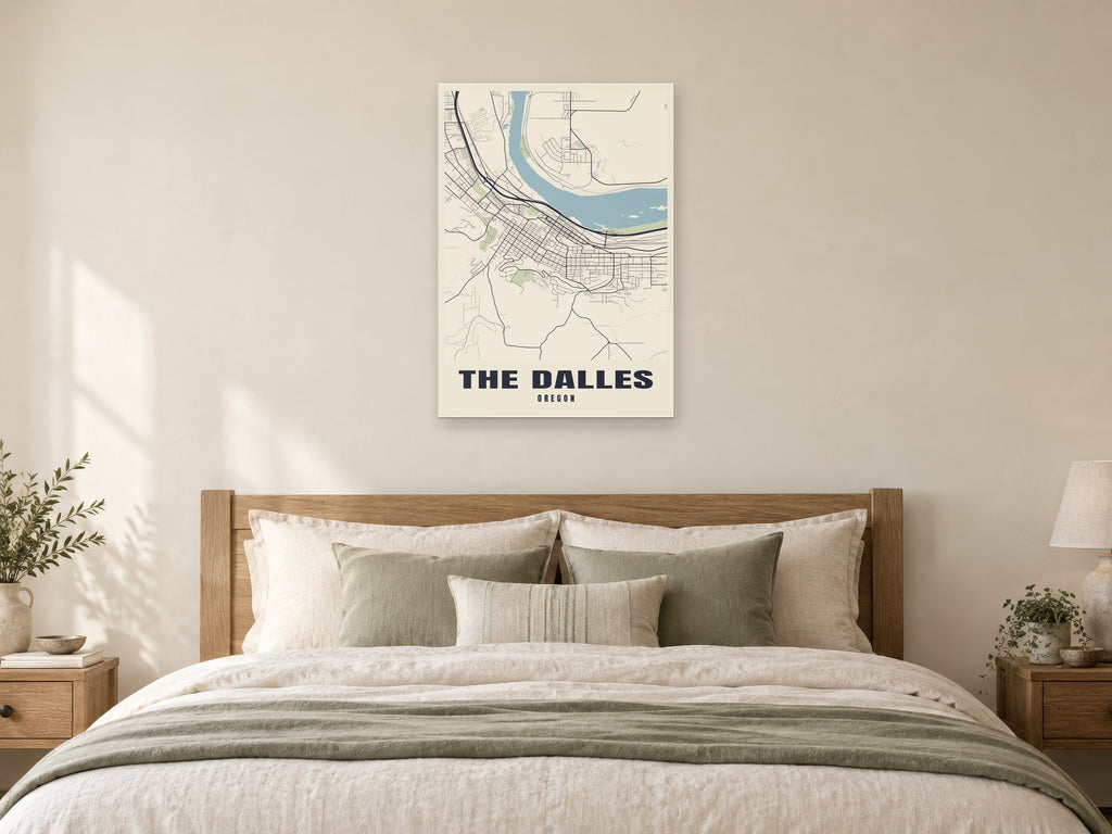 The Dalles Street Map Poster at A1, as a poster, above a bed