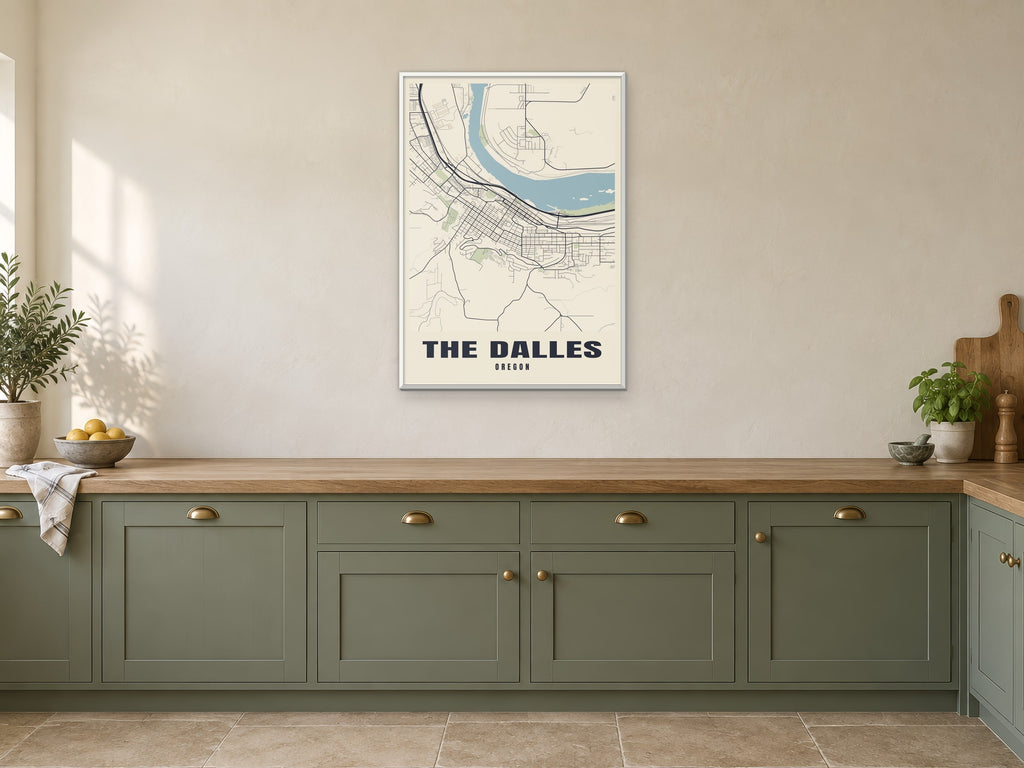 The Dalles Street Map Poster at A1, in a white frame, in a kitchen