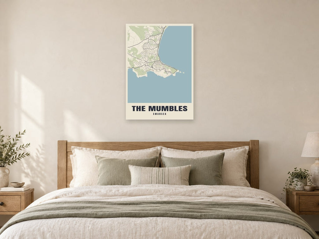 The Mumbles Street Map Poster at A1, as a poster, above a bed