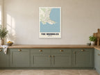 The Mumbles Street Map Poster at A1, in a white frame, in a kitchen