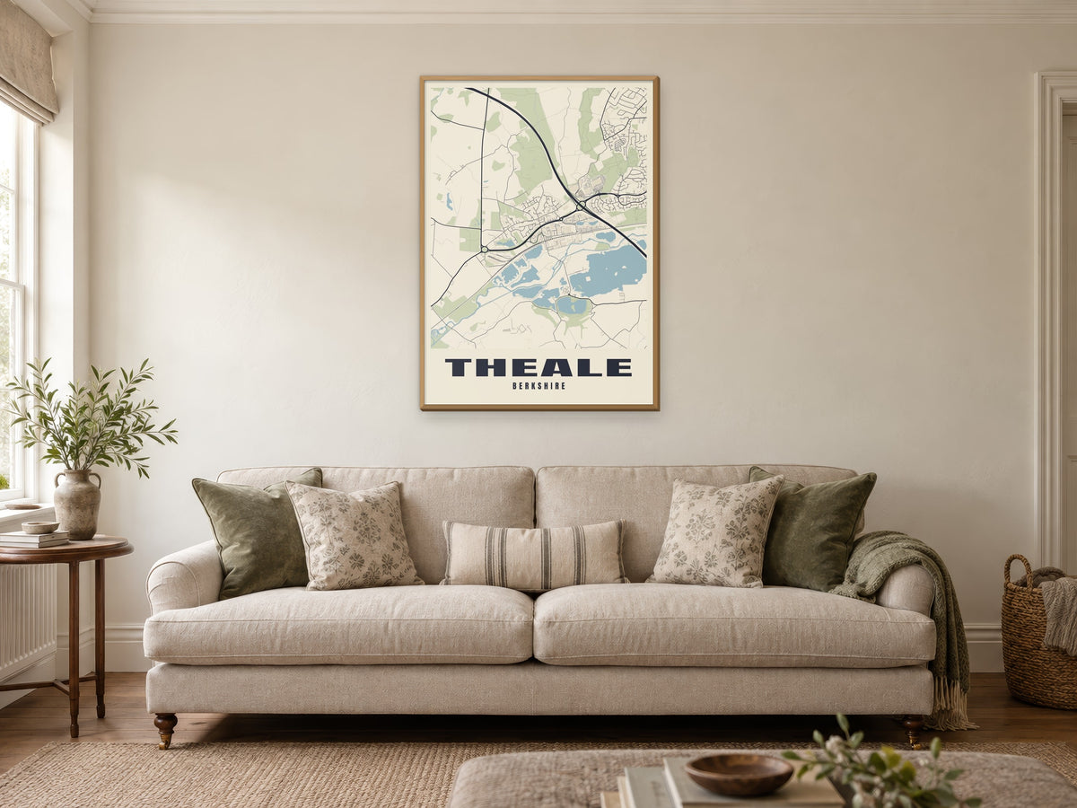 Theale Street Map Poster at A1, in a natural wood frame, in a sitting room
