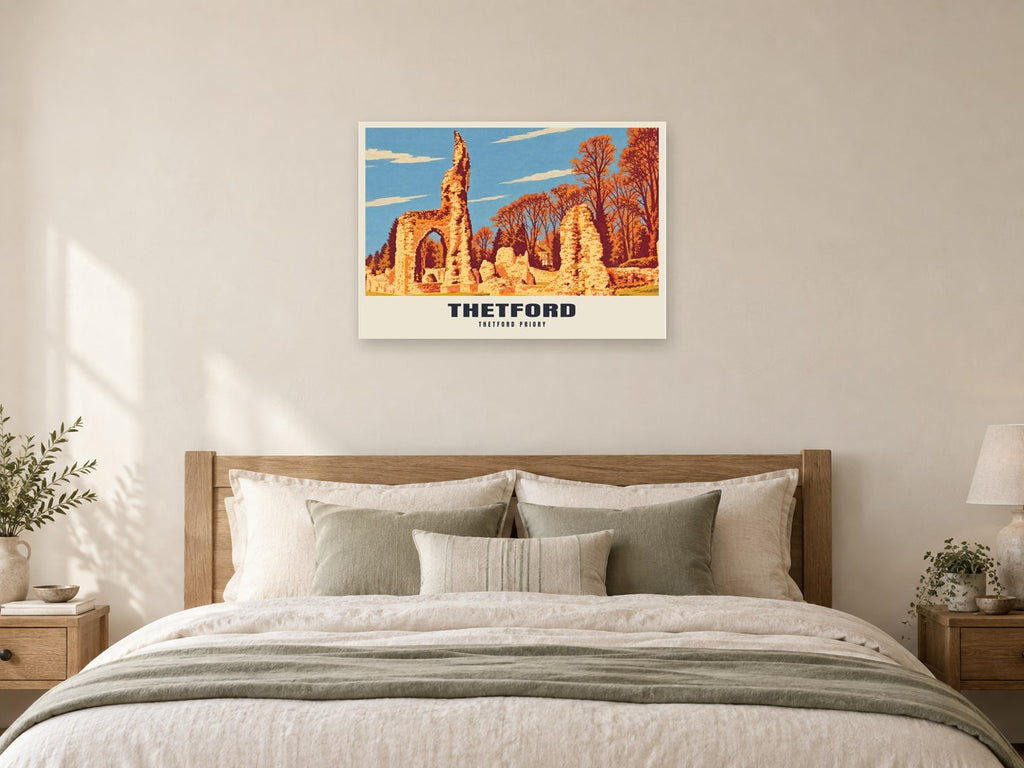 Thetford Priory Poster at A1, as a poster, above a bed