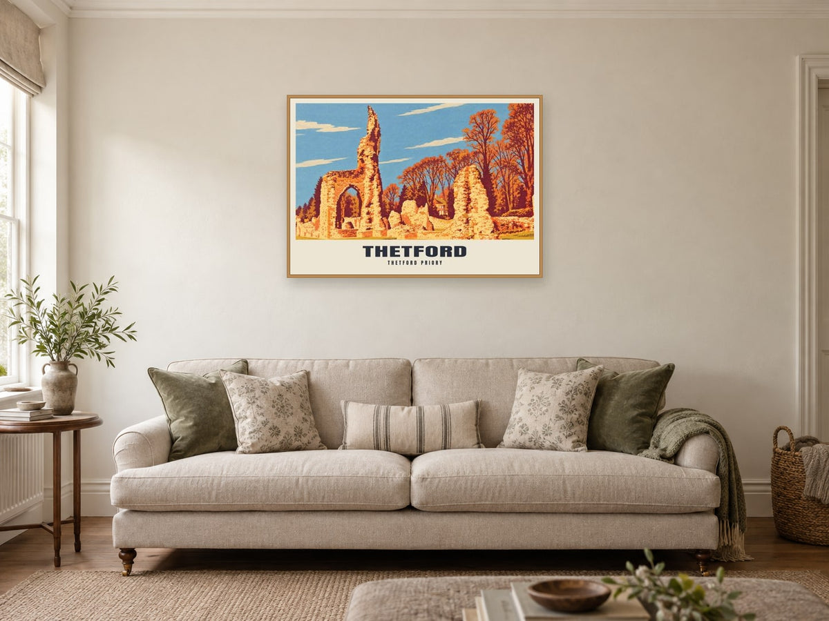 Thetford Priory Poster at A1, in a natural wood frame, in a sitting room