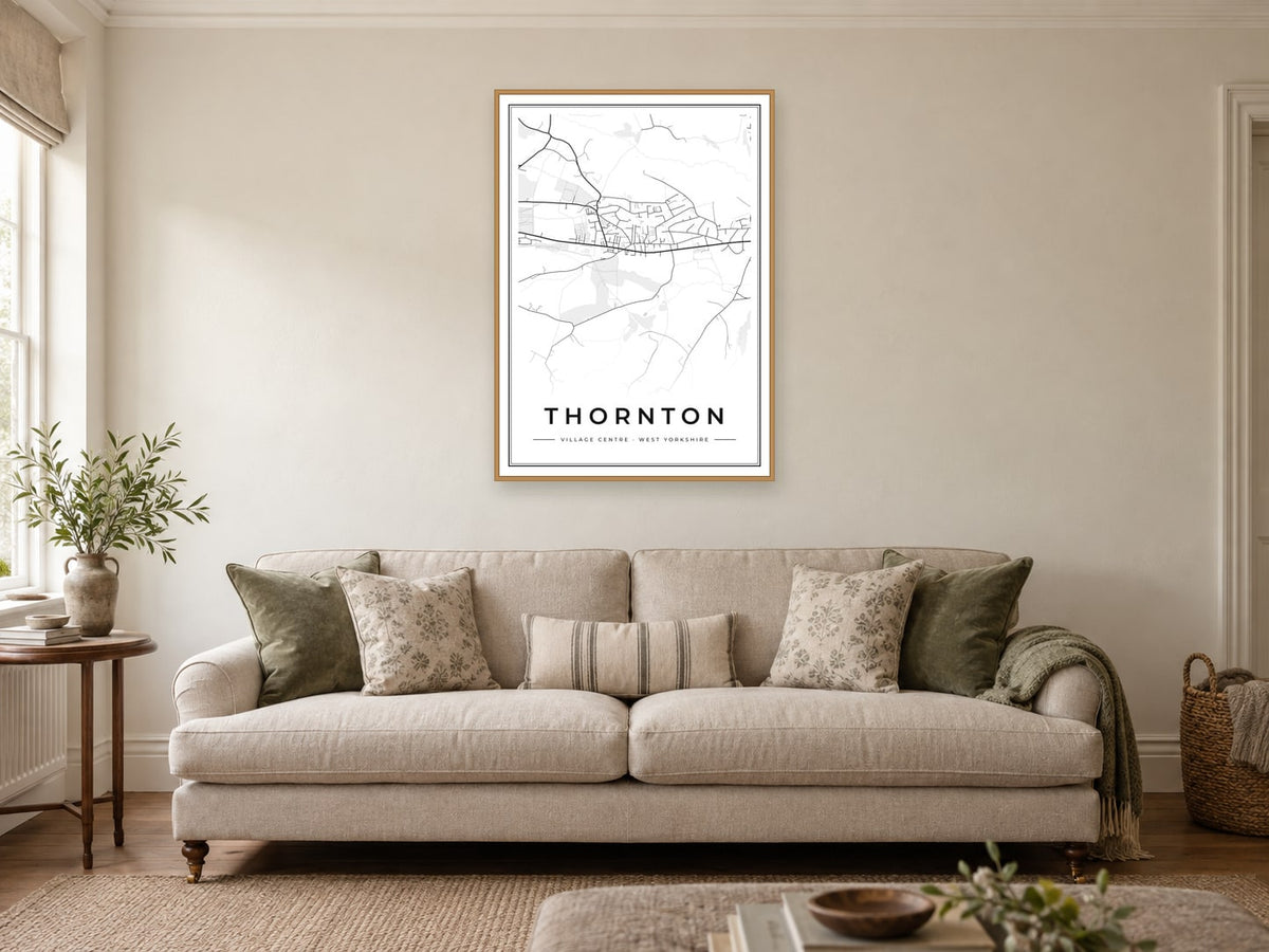 Thornton Village Centre Street Map Poster at A1, in a natural wood frame, in a sitting room