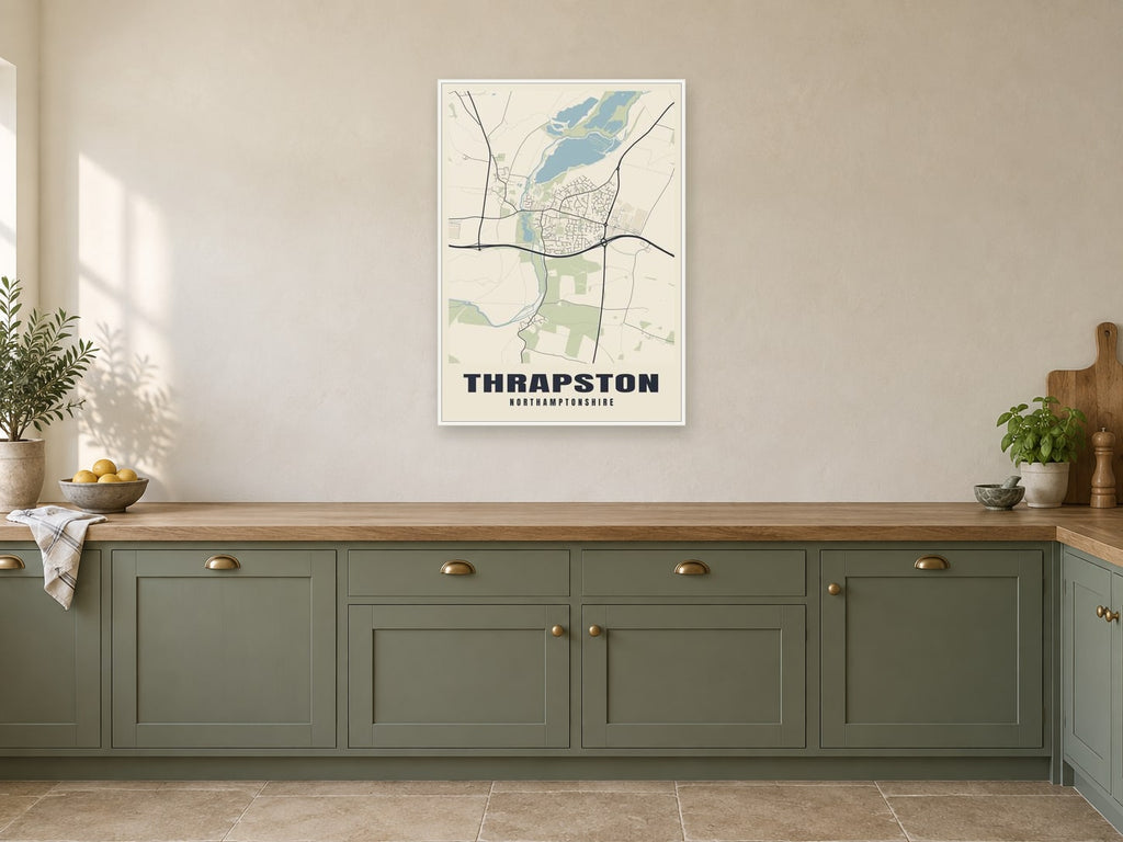 Thrapston Street Map Poster at A1, in a white frame, in a kitchen