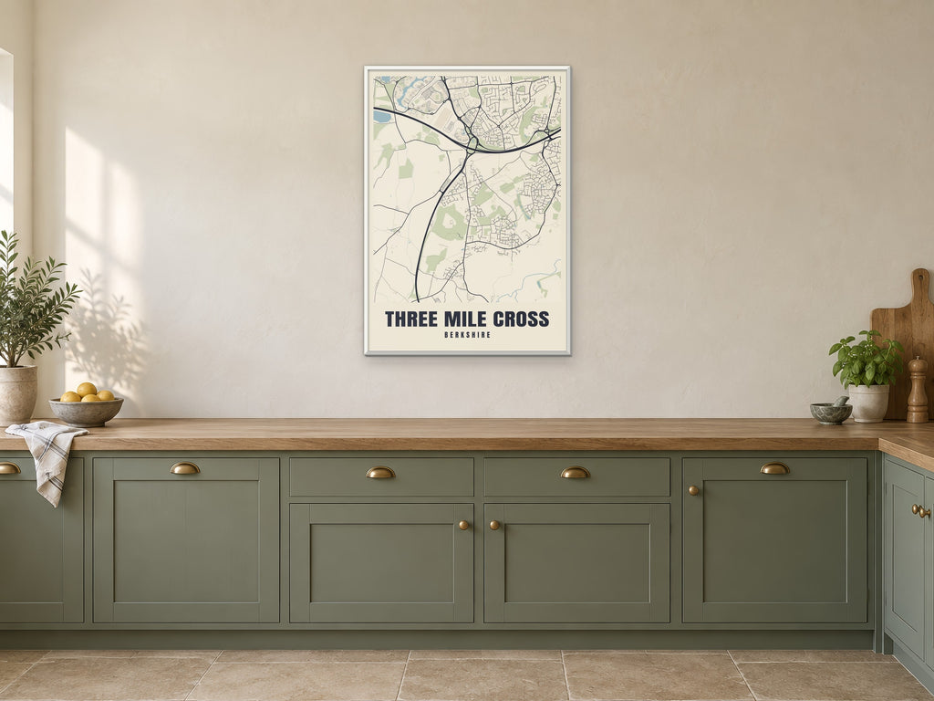 Three Mile Cross Street Map Poster at A1, in a white frame, in a kitchen