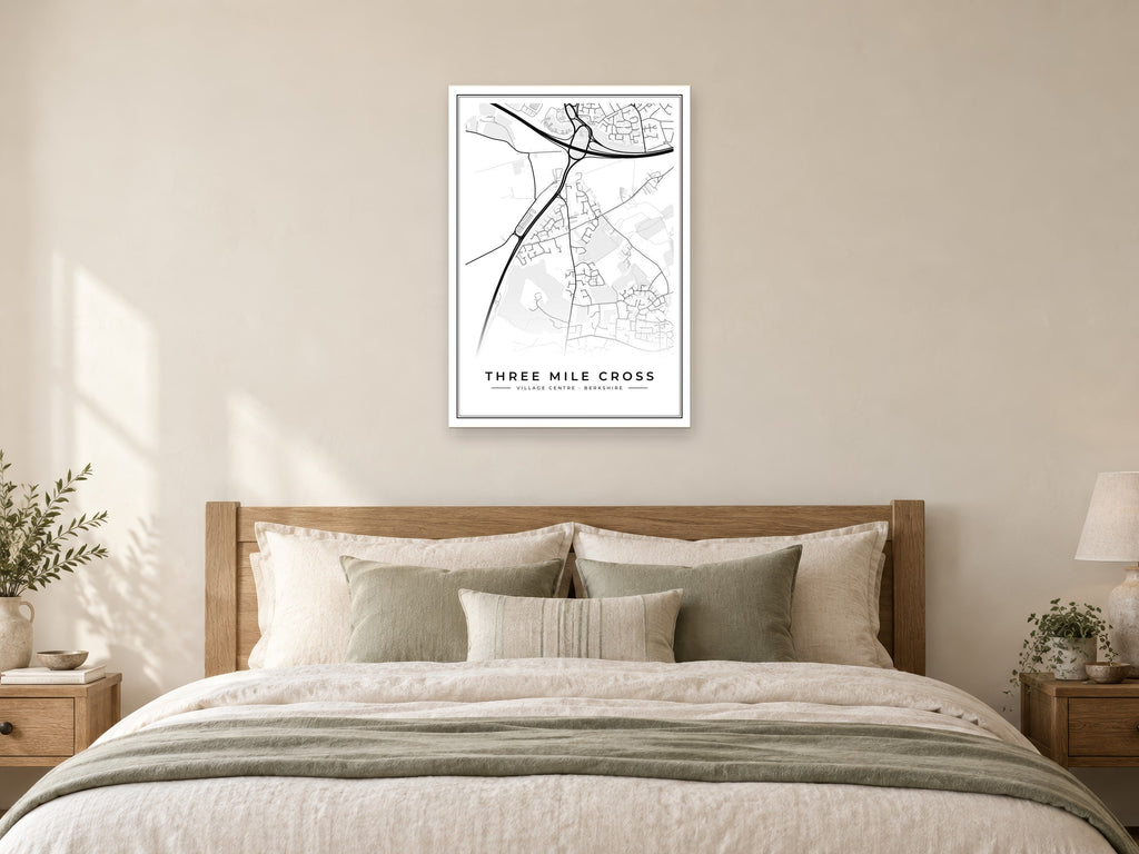 Three Mile Cross Village Centre Street Map Poster at A1, as a poster, above a bed