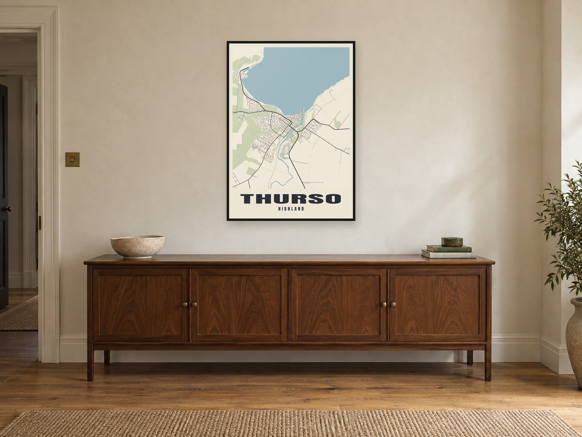 Thurso Street Map Poster at A1, in a black frame, above a sideboard