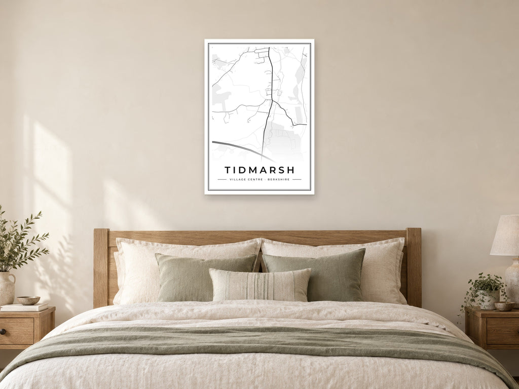 Tidmarsh Village Centre Street Map Poster at A1, as a poster, above a bed