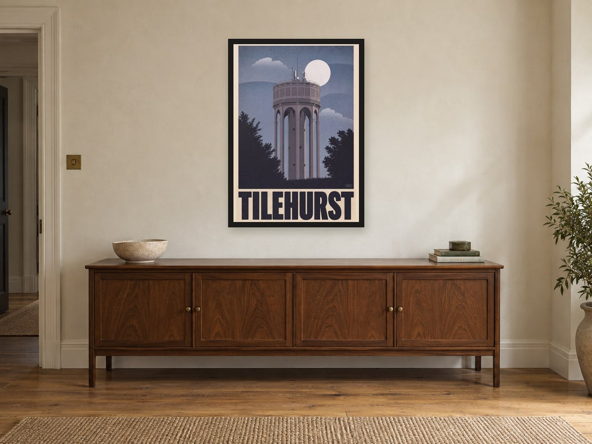Tilehurst Water Tower Poster at A1, in a black frame, above a sideboard