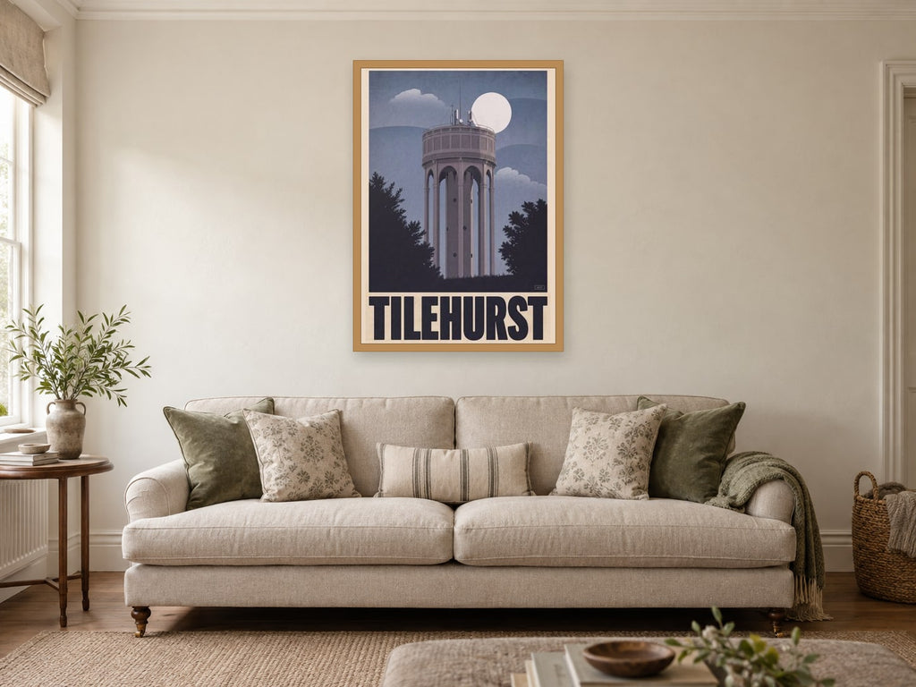 Tilehurst Water Tower Poster at A1, in a natural wood frame, in a sitting room