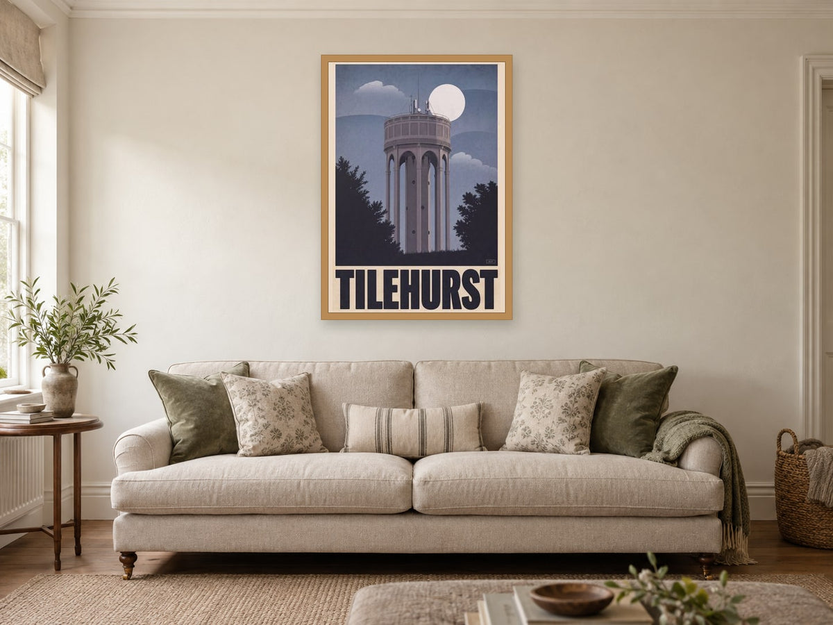 Tilehurst Water Tower Poster at A1, in a natural wood frame, in a sitting room