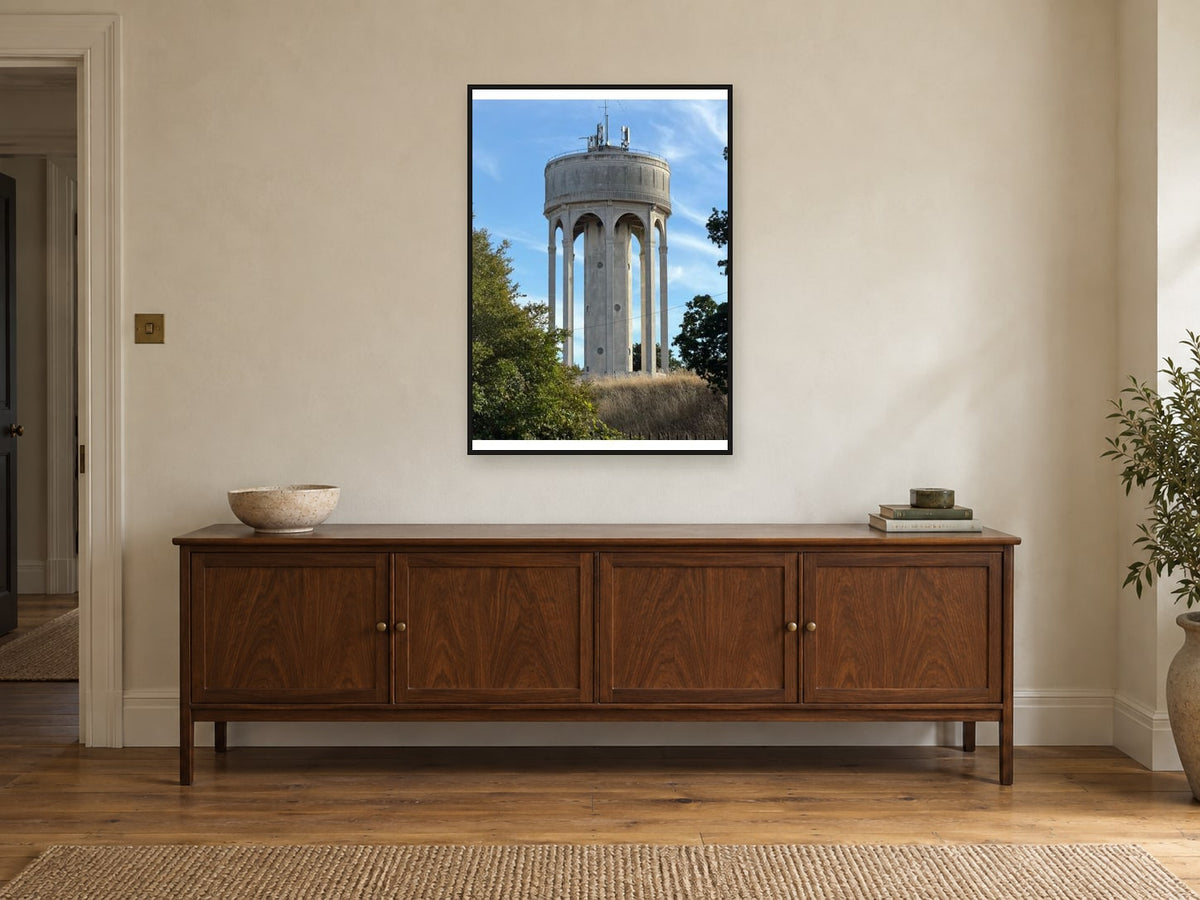 Tilehurst Water Tower — photographic print by Darren Seward at A1, in a black frame, above a sideboard
