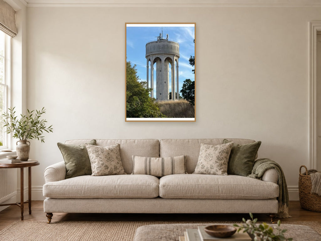 Tilehurst Water Tower — photographic print by Darren Seward at A1, in a natural wood frame, in a sitting room