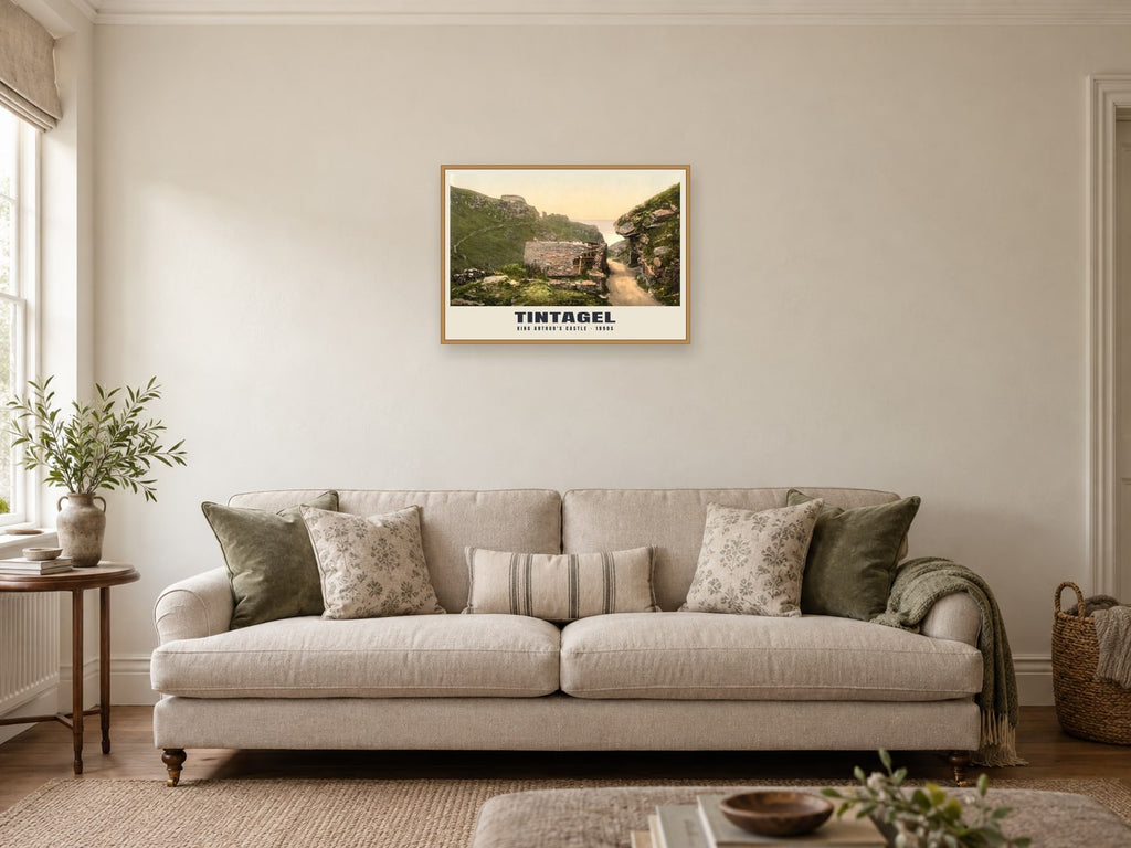 King Arthur's Castle, Tintagel, 1890s Heritage Print at A2, in a natural wood frame, in a sitting room