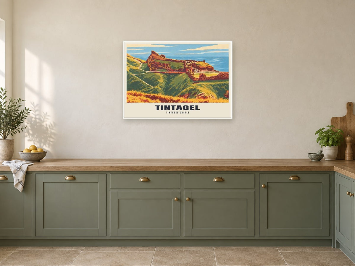 Tintagel Castle Poster at A1, in a white frame, in a kitchen
