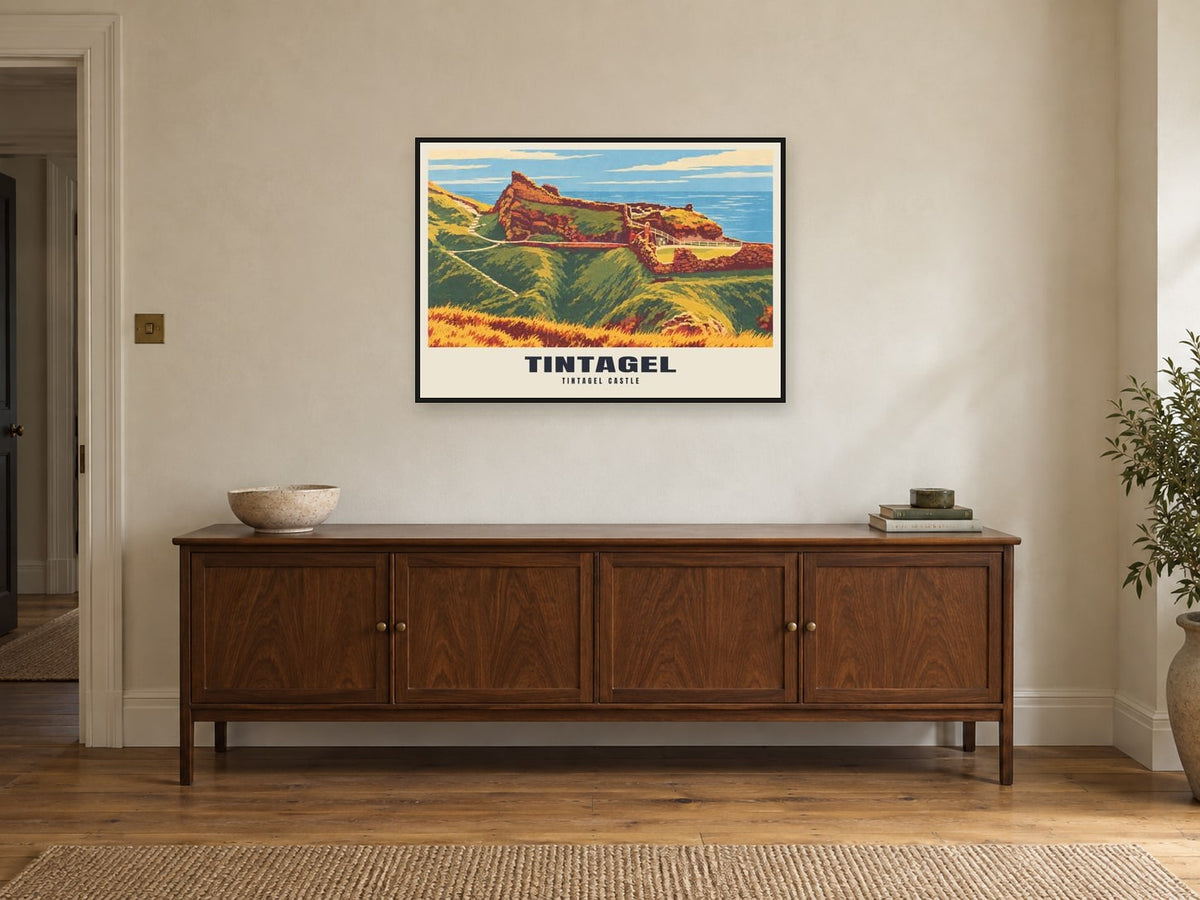 Tintagel Castle Poster at A1, in a black frame, above a sideboard