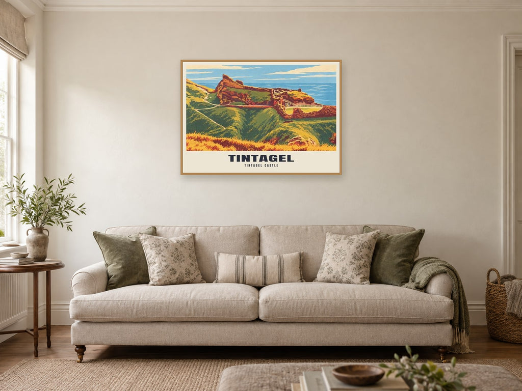 Tintagel Castle Poster at A1, in a natural wood frame, in a sitting room