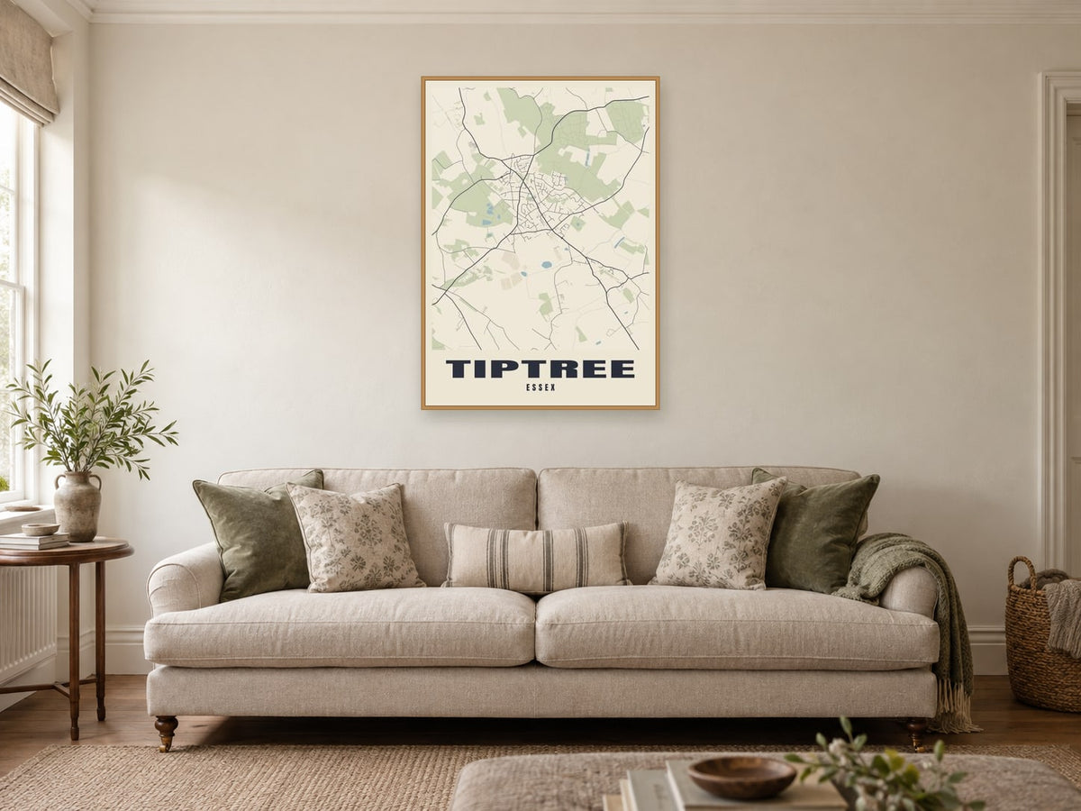 Tiptree Street Map Poster at A1, in a natural wood frame, in a sitting room