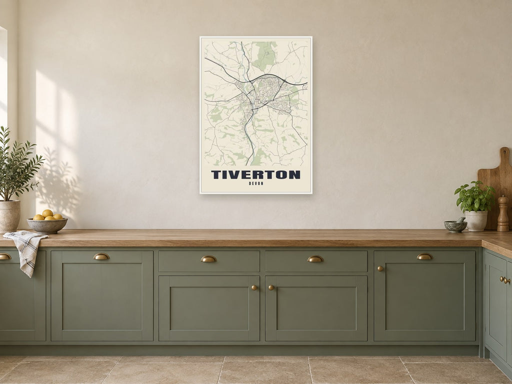 Tiverton Street Map Poster at A1, in a white frame, in a kitchen