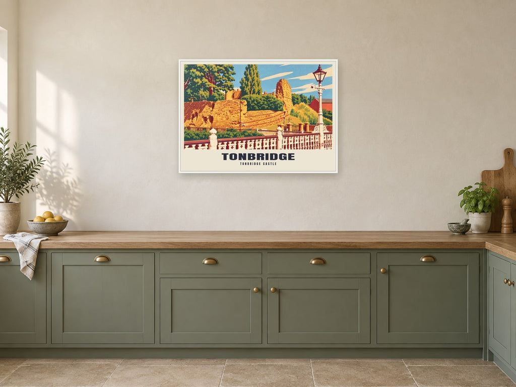 Tonbridge Castle Poster at A1, in a white frame, in a kitchen